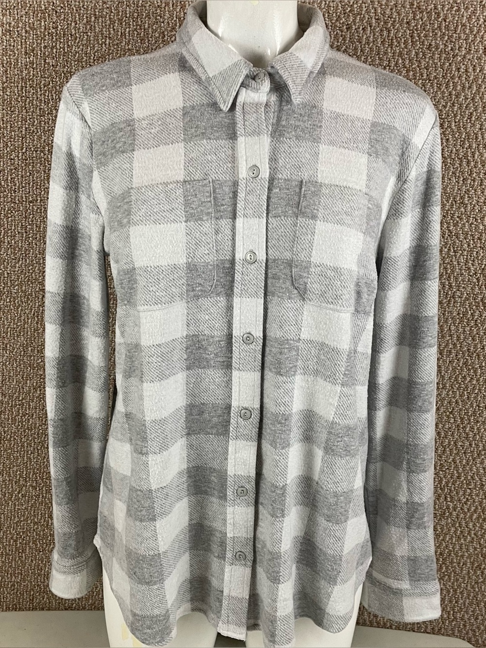 Faherty Flannel Shirt Womens M French Terry Plaid Long Sleeve Button Up E15